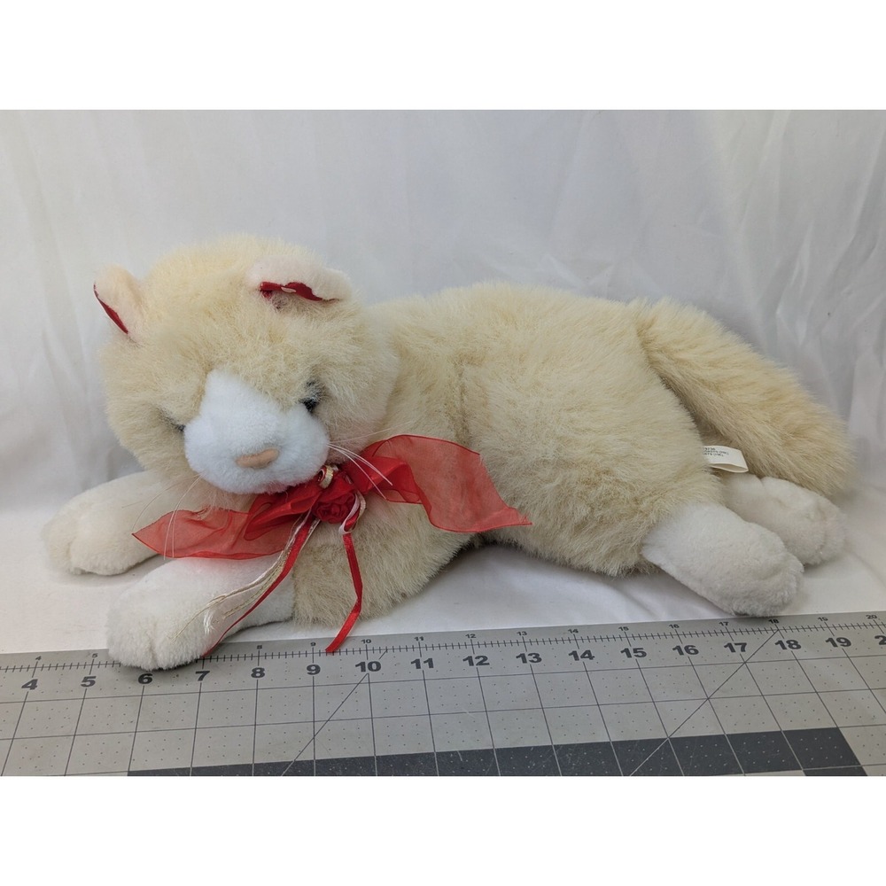 Tan Cat Kitten Plush Fluffy 16‎ Inch Red Bow 8 Inch Stuffed Animal Toy